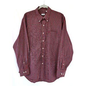 Izod | Long Sleeved Mens Button Up Shirt | Red and Black Plaid | Size L